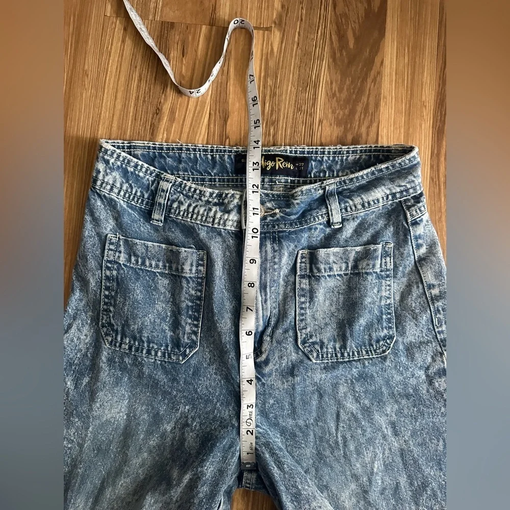 INDIGO REIN Women High-Rise Wide Leg Acid Wash Distressed Jeans Patch Pockets 7